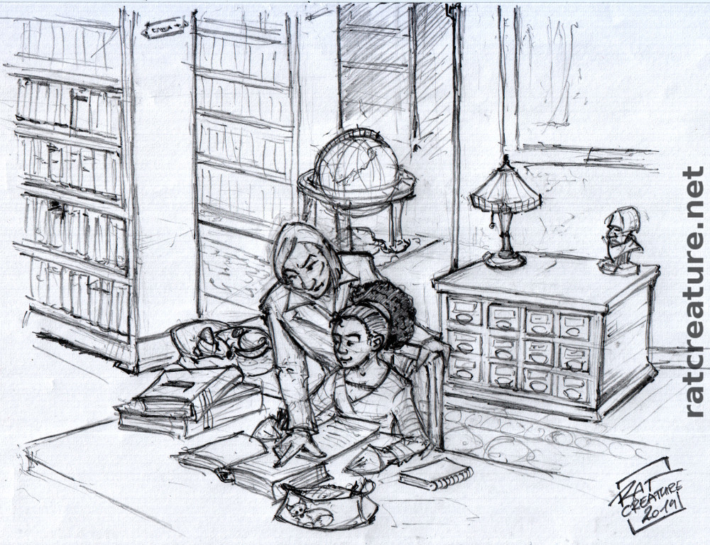A Lesson in the Folly Library pencil sketch showing Abigail and Varvara in the library